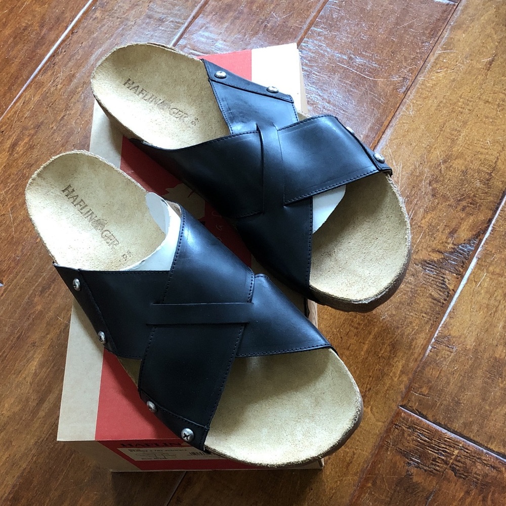 BRAND NEW IN BOX Mens HAFLINGER Rick 46 12 Black Leather Sandals Slides Shoes